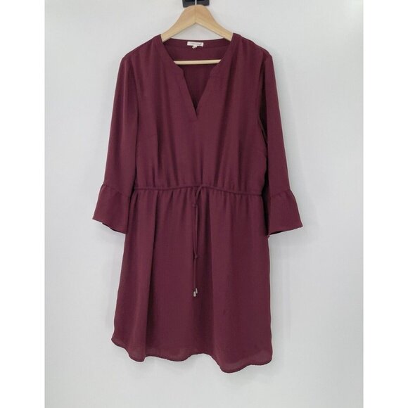 Maurices Maroon Red Cinch Waist Bell Sleeve Chiffon Lined Dress Size XL Career - Picture 1 of 10